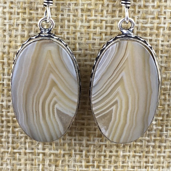 New Striped Agate Stone Silver Hook Dangle Earrings - Picture 3 of 7